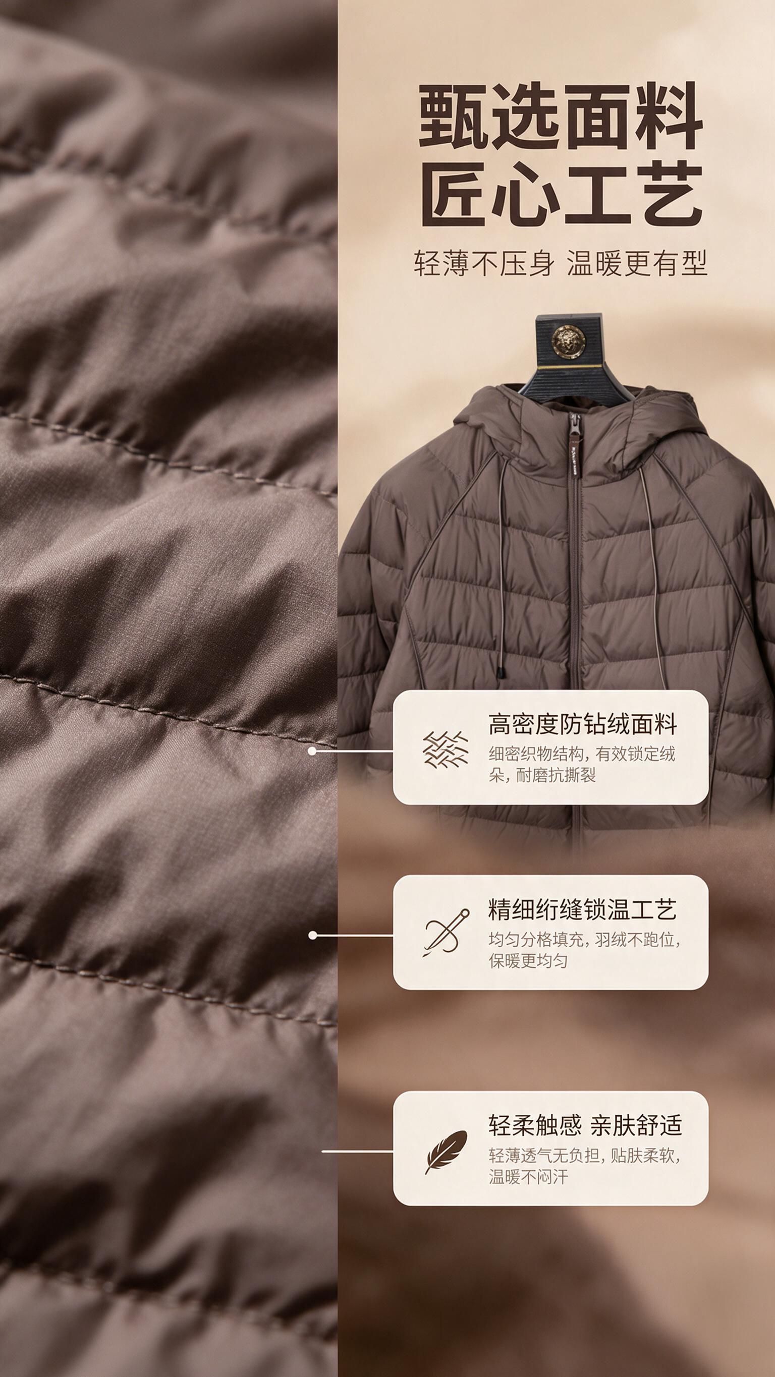 [商品] 使用【图1】咖色男士轻薄连帽羽绒服；商品处理：保留连… - 图片创意预览