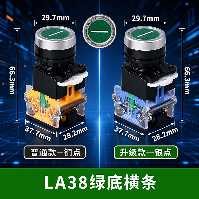基于原图进行修改和重新排版，具体要求如下：

1. 背景更换：将原图白色背景替换为深蓝色工业科技风背景，带有蓝色光效、科技线条、光斑效果，整体呈现专业的工业科技氛围，类似工业控制室或工厂设备间的深蓝色科技感环境。

2. 产品精修：对两个按钮开关（普通款铜点、升级款银点）进行产品精修，清理灰尘、划痕、毛边，金属银色边缘高光清晰利落，黑色塑料部件质感均匀细腻，透明部件晶莹剔透，绿色横条按钮表面清晰锐利，内部触点结构清晰，整体产品光影自然，立体感强。

3. 去除内容：
   - 完全去除产品本体上的"CHKL"及"浙江凯蓝电气"及"凯祥"等相关品牌字样
   - 产品上保留型号、参数和功能符号文字

4. 文案保留与字体：
   - 保留原图所有文案内容不变：所有尺寸标注（29.7mm、66.3mm、37.7mm、28.2mm）、"普通款—铜点"、"升级款—银点"、"LA38绿底横条"
   - 所有文字字体统一使用思源黑体 Bold（粗黑体）
   - "普通款—铜点"配深灰/黑色底+白色文字
   - "升级款—银点"配绿色底+白色文字
   - 底部"LA38绿底横条"配绿色通栏底+白色粗体大字
   - 尺寸标注文字为白色/浅色清晰字体

5. 重新排版（整齐规范）：
   - 采用800*800正方形构图，左右对称排列两个产品对比
   - 左侧为普通款（铜点黄色底座），右侧为升级款（银点蓝色底座），中间用分隔线或圆形绿底横条按钮头装饰区分
   - 每个产品都配有完整的尺寸标注线（头部直径、总高度、底座长宽），标注线整齐清晰，箭头规范，尺寸数字对齐
   - 每个产品下方对应款式标签，标签大小一致、对齐整齐
   - 底部绿色通栏标题"LA38绿底横条"贯穿全宽，醒目突出
   - 整体画面左右对称，信息层级清晰，排版整齐有序，尺寸标注规范

6. 光影质感：商业产品摄影质感，两个产品光影统一，主光从上方打来，金属反光真实自然，透明部件有通透感，产品与深蓝色科技背景自然融合，底部有轻微投影。

7. 尺寸：800*800像素

8. 负向要求：禁止变形、错字、模糊、水印、多余品牌标识、产品结构错误、尺寸标注歪斜、排版不对称、对齐不整齐。
