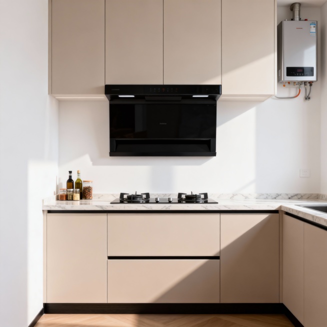 现代简约开放式厨房设计，浅色哑光橱柜，白色墙面，黑色烟机镶嵌在橱柜内部，浅色大理石纹理台面，台面上摆放灶具和调料瓶，烟机、灶具、热水器位于画面中心，柔和的阴影效果，产品展示角度，清晰展现厨房布局与细节预览效果