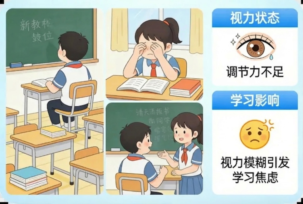 参考原图布局和内容，生成视力科普插画，调整人物为既有男孩也有女孩：左上角看黑板保留男孩，中上部揉眼睛换成女孩，右下对话改为男孩女孩交流，保留所有文字信息、教室场景、排版和卡通风格不变，文字内容：新教杯预览效果