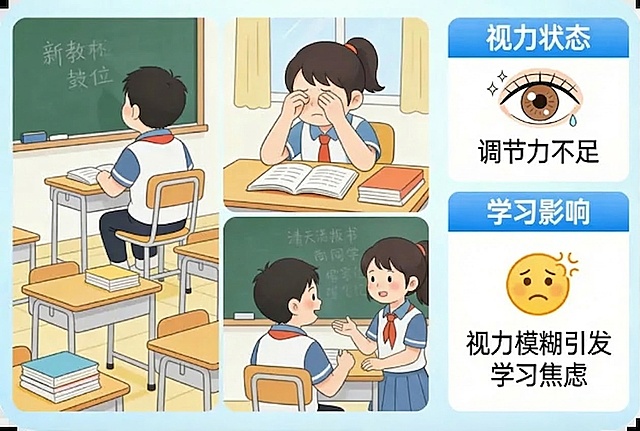 参考原图布局和内容，生成视力科普插画，调整人物为既有男孩也有女孩：左上角看黑板保留男孩，中上部揉眼睛换成女孩，右下对话改为男孩女孩交流，保留所有文字信息、教室场景、排版和卡通风格不变，文字内容：新教杯 鼓位、视力状态 调节力不足、学习影响 视力模糊引发学习焦虑