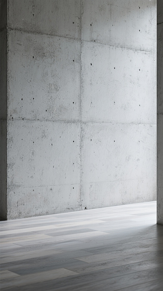灰色调水泥质感背景，表面呈现自然的斑驳纹理和细微的颗粒感，整体风格简约现代，光线均匀柔和，带有轻微的做旧效果，可作为展示不同地板纹路、风格与配色的中性背景，突出地板的材质细节与色彩变化。