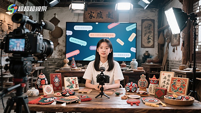 明亮现代直播间，一个18岁少女坐在摄像机前，桌上摆满传统手工艺品和非遗文创产品，屏幕弹幕飞舞，背景有家族老工坊装饰元素，传统与现代融合，活力青春感，超写实摄影