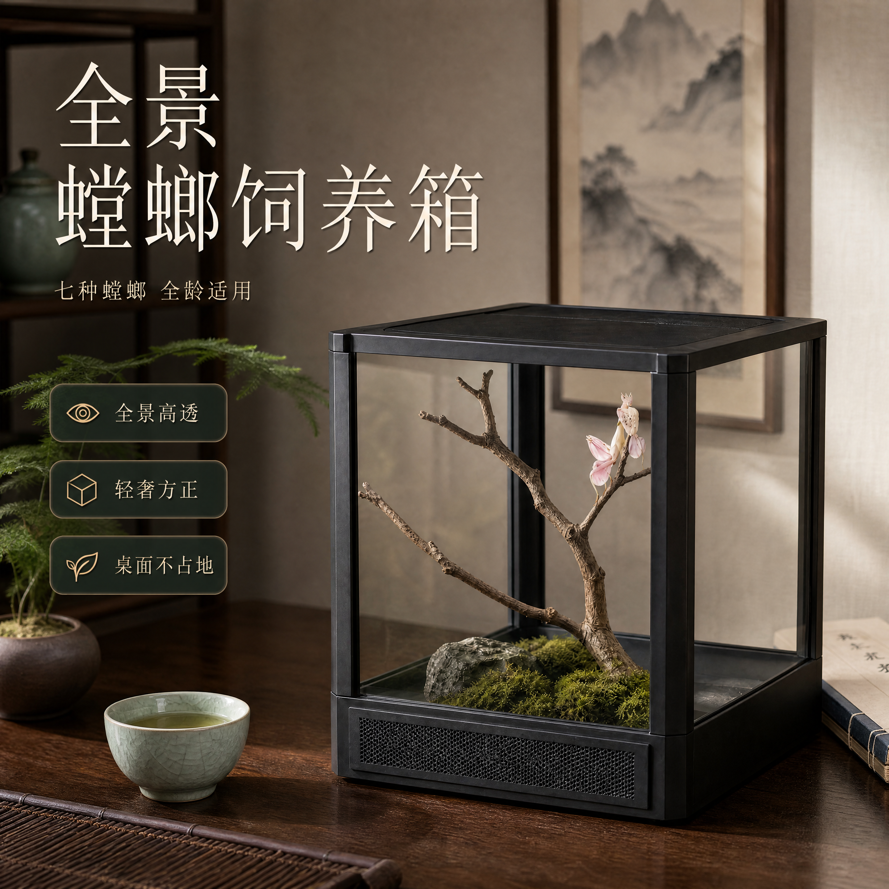 [总纲] 超写实室内静物摄影，为黑色螳螂饲养箱更换新中式禅意风… - 图片创意预览