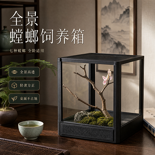 [总纲] 超写实室内静物摄影，为黑色螳螂饲养箱更换新中式禅意风格背景。保留产品本体及箱内造景和兰花螳螂，清除原图深绿色复古植物壁纸背景；保留左侧全部文字（主标题「全景螳螂饲养箱」、副标题「七种螳螂 全龄适用」、三个卖点标签「全景高透」「轻奢方正」「桌面不占地」及对应图标），文字样式、位置、颜色与原图完全一致；去掉右上角「玄墨款」三个字。
[主体] 螳螂饲养箱严格参照上传产品图，完整保留所有可见组件、部件、轮廓、结构、比例、材质、颜色与产品本体上的文字信息，与上传图完全一致；箱内造景（枯枝、苔藓、石头、兰花螳螂）完整保留，螳螂姿态不变；自然融入新场景光影，与场景共处同一物理空间。产品占画面约60%，完整不裁切，近景构图，镜头贴近产品，为画面绝对视觉主导。
[构图与陈列方式] 正面微侧15°平视，饲养箱稳定放置于桌面承载面，底部与桌面真实接触，有自然柔和的接触阴影。
[风格] 新中式
[场景概念] 新中式禅意茶室边几一角，午后柔和自然光
[承载与背景] ①承载面：胡桃木实木桌面，深邃温润的深棕木纹纹理，哑光质感，木纹细腻自然；②背景：米白色亚麻肌理墙纸背景墙，墙面有细微的织物纹理，墙上挂着一幅竖版水墨山水画（画面为远山淡影，水墨写意风格），画框为细窄的深胡桃木色，画面适度虚化；③背景左侧隐约可见一个深色木质博古架的局部，上面放着一个青瓷小茶罐，适度虚化。
[陪衬物] ①饲养箱左前方，一只青瓷小茶杯，杯身有细腻的冰裂纹理，杯中盛着半杯浅黄绿色茶汤；②饲养箱右后方，一本线装书，米白色封皮上有竖排的深色书法小字，书脊为深蓝色布面；③饲养箱左侧，一小株迷你文竹盆栽，种在圆形紫砂小花盆里，枝叶纤细翠绿；④画面左下角，一块深棕色竹制茶席的一角，编织纹理清晰。
[配色] 主色调60%胡桃棕 / 辅助色25%米白 / 点缀色15%青瓷灰+墨绿；画面实际颜色5种：胡桃棕 / 米白 / 青瓷灰 / 墨绿 / 深褐
[材质] 画面实际材质6种：胡桃木 / 青瓷 / 宣纸 / 紫砂 / 亚麻 / 玻璃
[光影] 主光从右上方45°斜入，为午后柔和暖调自然光，照亮饲养箱顶面和右侧玻璃面；辅光为左侧环境反射补光，弱化暗部；产品边缘有微弱暖调轮廓光；玻璃有细腻的环境反光，黑色框架在暖光下呈现温润的哑光质感；桌面有柔和的投影，边缘虚化自然。
[参数] 4K 写实光追。严格锁定宽高比为1:1。