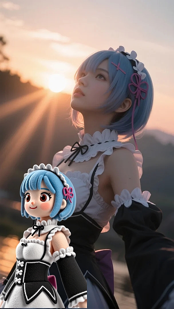 3D毛绒毛毡卡通风格，蕾姆，蓝发齐刘海，双马尾系着白色蝴蝶结，女仆装