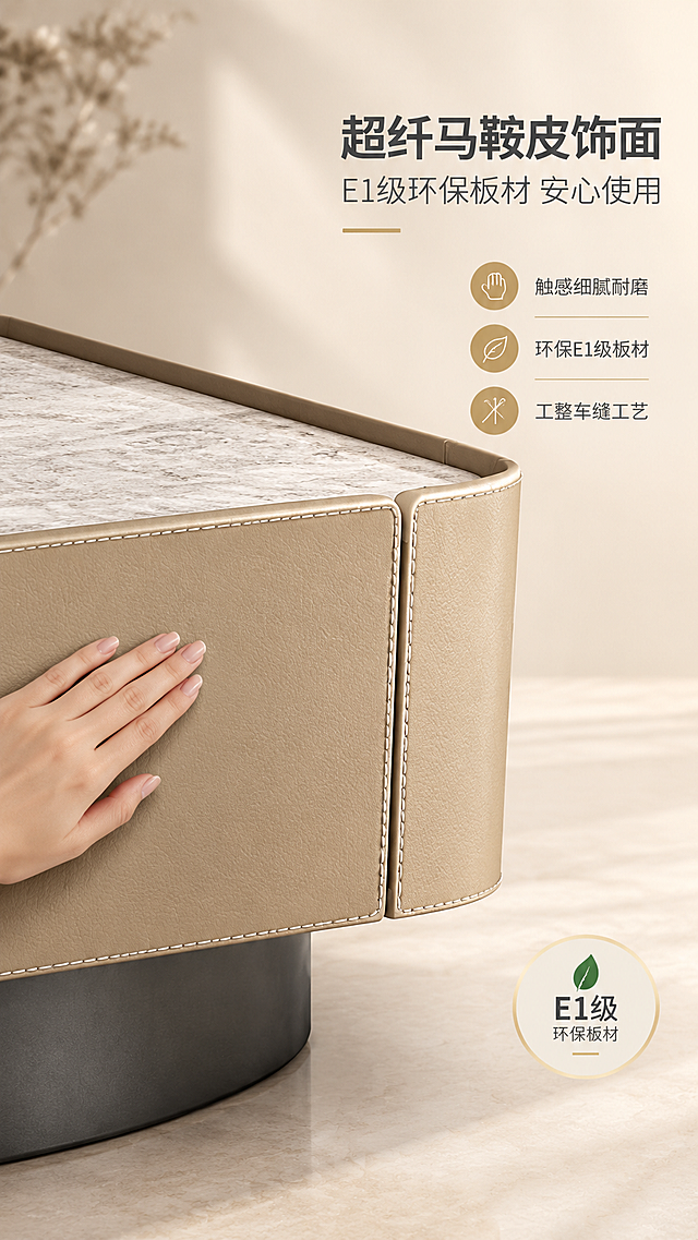 [商品] 使用【图1】DC-138A岩板大方几柜体部分；保留米色马鞍皮饰面、柜体形状、缝线细节、分块结构；增强皮面纹理质感、缝线工整度、皮革光泽，不改变颜色和结构。
[画面] 目标：柜体与皮面工艺展示页，突出E1级板材与马鞍皮品质。左侧约3/5为柜体侧面特写，45°角，展示皮面质感与缝线细节，一只手轻轻触摸皮面体现触感；右侧约2/5为文案区+环保等级标识；背景为暖米色渐变，柔和高级。
[视觉] 套系策略：风格=现代轻奢高级商业摄影；标题字=现代简约粗黑体；正文字=纤细无衬线体；主色=暖白+浅米灰；背景延展=基于暖白浅灰做渐变层次、同色系明暗过渡、细腻石材与皮革质感；强调色=香槟金，仅用于小面积图标、引线、标签和装饰线条；标题色=深炭灰；正文色=中暖灰；组件=细线信息卡、金色引线、圆角图标；光影=左前侧柔光，突出皮革纹理与缝线。
[文字] 右侧主标题「超纤马鞍皮饰面」，副标题「E1级环保板材 安心使用」，下方3个卖点「触感细腻耐磨」「环保E1级板材」「工整车缝工艺」，文字横排，层级分明。
[规格] 图片比例9:16竖版，4K分辨率，medium质量，避免变形、错字、文字过小、冷蓝背景、皮面颜色改变、缝线失真、极限词。