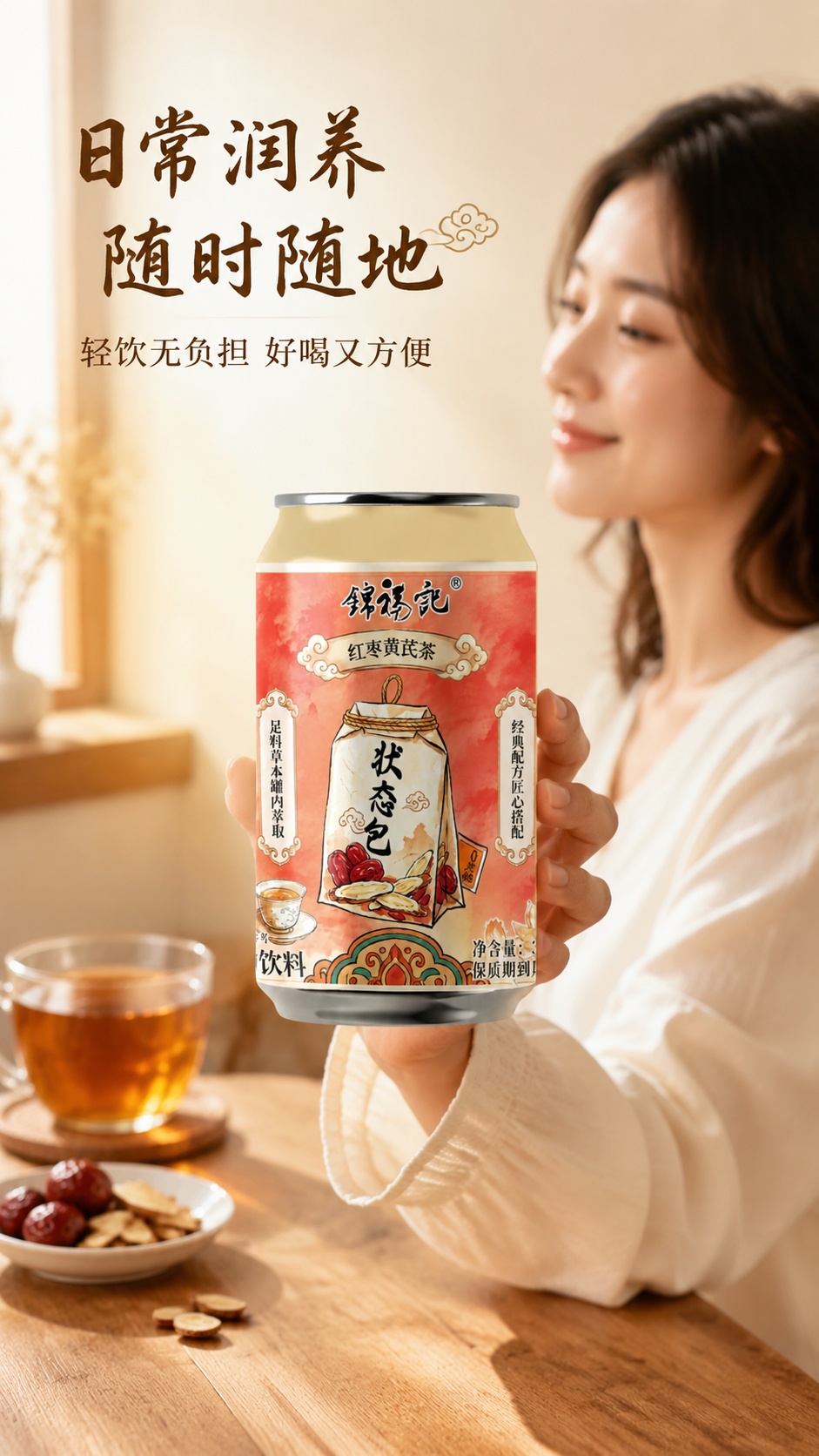 [第5屏] 模特展示锦福记红枣黄芪茶，日常饮用生活场景。本屏使… - 图片创意预览