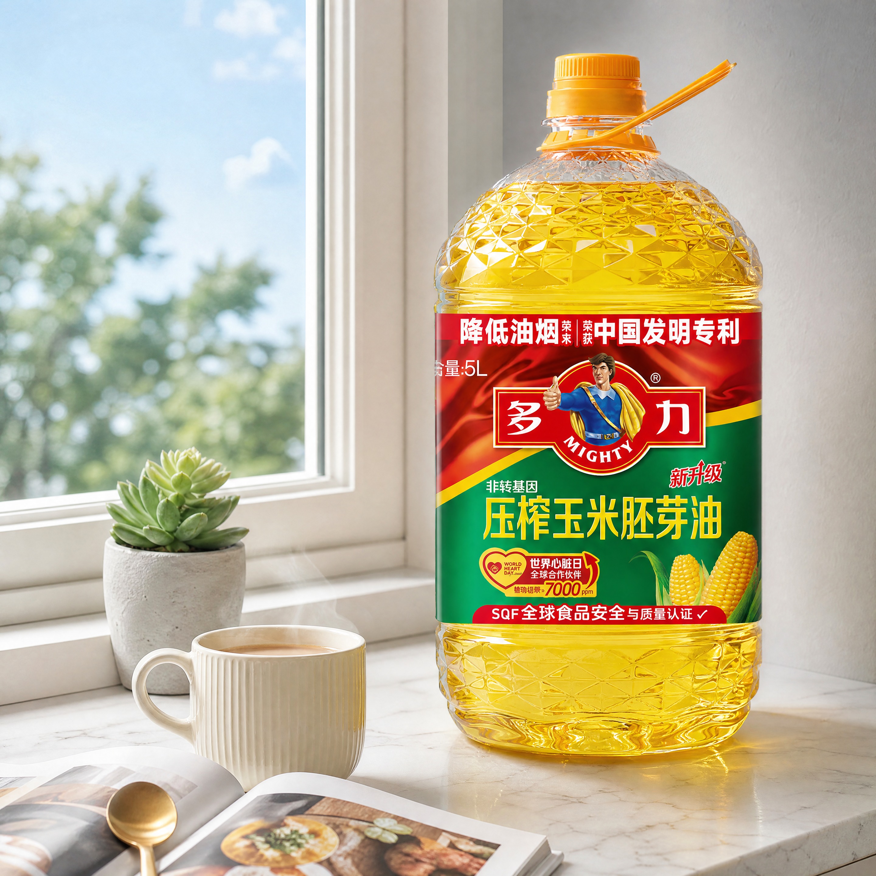 超写实食品商业摄影。 主体：5L装玉米油桶严格参照上传产品图，… - 图片创意预览