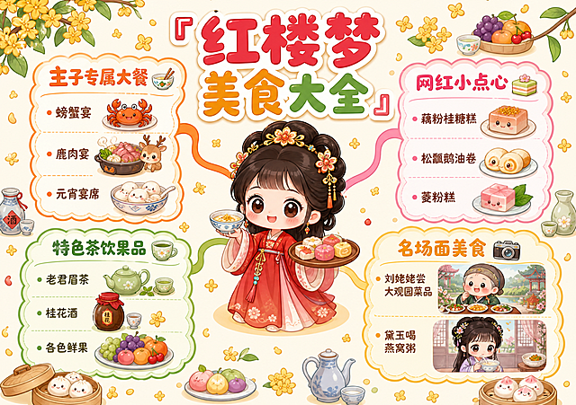 Q版风格思维导图，标题为“红楼梦美食大全”，中心画圆脸蛋Q版小人举着美食小碗点心托盘，四周点缀桂花果子茶杯，整体圆润软萌配色鲜亮。包含四个一级分支：1.主子专属大餐（暖橙色，碗筷图标，含螃蟹宴、鹿肉宴、元宵宴席）；2.网红小点心（浅粉色，糕点图标，含藕粉桂糖糕、松瓤鹅油卷、菱粉糕）；3.特色茶饮果品（浅绿色，茶杯果子图标，含老君眉茶、桂花酒、各色鲜果）；4.名场面美食（浅黄色，镜头图标，含刘姥姥尝大观园菜品、黛玉喝燕窝粥）。所有食物人物都是大头短身线条圆润无棱角，每个分支用云朵波浪花边方框包裹，使用卡通圆体字，空白处点缀小桂花、果盘、蒸笼、酒壶迷你Q版图案，文字精简重点加粗