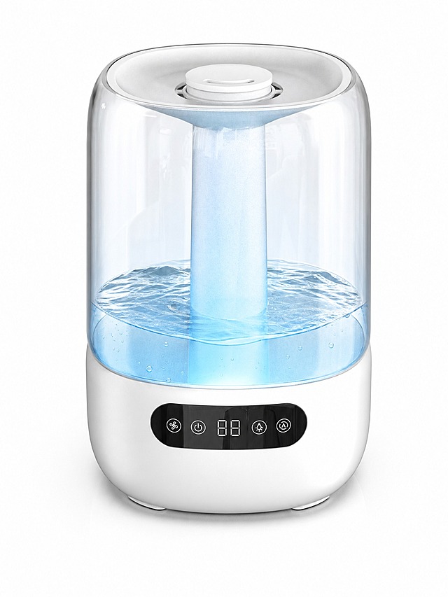 基于参考图中的加湿器产品进行修改，保持产品整体外观、白色底座、控制面板、中间立柱和顶部结构完全不变。在上部透明水箱中添加约三分之一高度的清澈水量，水面泛起细微微波，富有灵动的感觉，水中适当添加少量细小气泡。从水箱底部到整个顶部添加水蓝色渐变灯光效果，灯光在水中呈现自然的由下至上的水蓝色渐变，光线柔和通透，具有真实的水体透光和折射效果，整体光影真实自然，产品摄影级质感，纯白背景