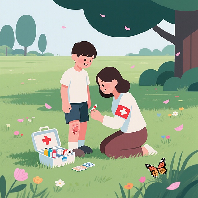扁平插画风格的亲子户外场景，简单干净的2D图形，明亮柔和的色彩，温馨感人的氛围。画面中，一位妈妈和一个男孩（色块风格人物，无细节五官，仅通过色块和形状表现）在开阔的草地上。男孩站着，左腿膝盖上有一处擦伤，用简单的红色色块表示，他低头看着妈妈，脸上带着勇敢坚强的微笑，仿佛在说“我不疼”。妈妈单膝跪地在男孩身前，左手臂上佩戴着醒目的红色十字袖章，右手拿着蘸了药水的棉签，正在轻轻为男孩的膝盖消毒，动作轻柔专注。妈妈的脸上带着关切和温柔的表情。旁边草地上放着一个打开的急救箱，里面可以看到彩色的小药瓶、一卷绷带、一盒创可贴等医疗小物件，用简单的色块表现。急救箱的盖子上也有一个小小的红十字标志。背景是开阔的绿色草地，点缀着几朵彩色的小野花。远处有几棵简化的大树和低矮的灌木丛。画面中飘落着几片粉色的花瓣，一只蝴蝶停在附近的草丛上，营造出宁静温馨的氛围。整体色调以清新的绿色为主，搭配红十字袖章的红色、急救箱的亮色，以及花瓣的粉色，画面充满温情和安全感。
