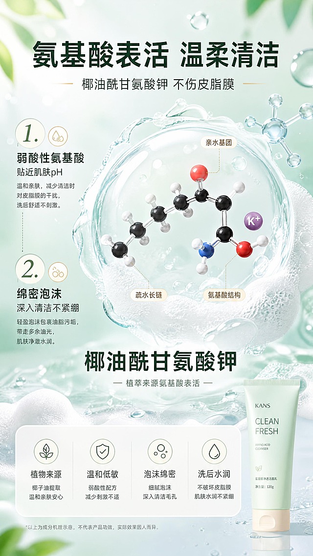 [商品] 成分机理专页，无需强制垫产品图；可在右下角小尺寸融入【图1】洁面软管外观，保留包装文字与颜色，作为产品关联。
[画面] 页面目标：解释氨基酸表活温和清洁不伤肤的核心机理；构图：中央放大椰油酰甘氨酸钾分子结构/氨基酸表活微囊元素，占主画面约50%，周围环绕绵密泡沫与水分子；左侧竖列编号式成分说明，底部浅底信息卡；前中后景：前景泡沫水珠、中景分子结构+成分名大字、后景淡绿色渐变水光背景；阅读动线从上到下。
[视觉] 套系策略：风格=清新植萃少年感商业摄影；标题字=现代无衬线粗体；正文字=简洁无衬线体；主色=清新薄荷绿+浅天蓝；背景延展=基于薄荷绿与天蓝做同色渐变、水光通透感、植物叶片光斑层次；强调色=山茶花米白，仅用于小面积图标、引线和标签；标题色=深墨绿；正文色=中暖灰；组件=圆角浅底信息卡、细线引线、圆形利益icon；光影=左前侧自然柔光，带轻微水光感。
[文字] 顶部主标题「氨基酸表活 温柔清洁」，副标题「椰油酰甘氨酸钾 不伤皮脂膜」；左侧2个编号卖点：1. 弱酸性氨基酸 贴近肌肤pH；2. 绵密泡沫 深入清洁不紧绷；成分名「椰油酰甘氨酸钾」放大居中，文字横排，清晰可读。
[规格] 淘宝/天猫详情页单屏9:16竖版，4K分辨率，负向提示：避免变形、错字、文字过小、医疗功效、极限词、冷灰背景、分子元素过小看不清。