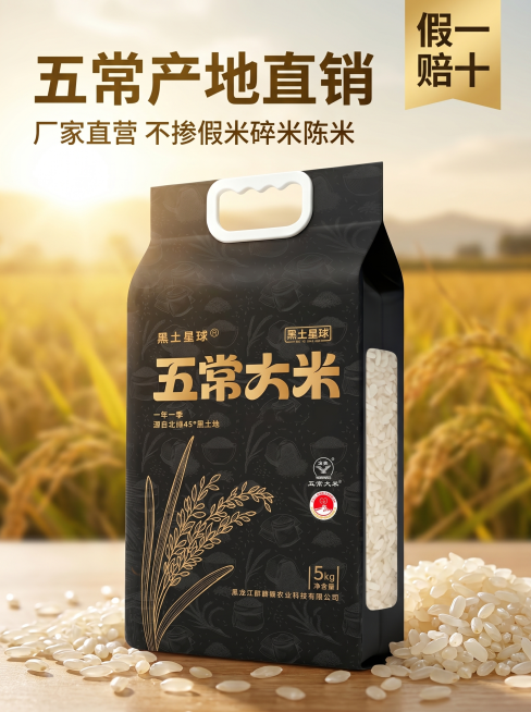 [主图 1] 五常大米产品首图，黑金色高级风。
[氛围风格] 高端质感，自然产地氛围，食欲感满满；
[画质] 商业摄影质感，光线柔和通透，产品清晰真实，画面干净高级。
[元素] 黑土星球五常大米5kg预览效果