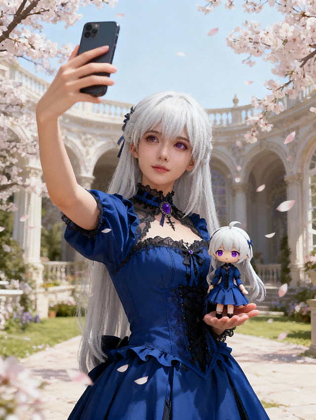 cosplayer真人写实照片，根据该图生成一张现实生活中扮演该角色的写实风格，人物所在的写实场景与原作相对应，人物一只手抬起拿着手机正在自拍，另一只手托着带有与该cosplayer照片相对应的玩偶手办。手办的细节特征需精细到可清晰辨识。