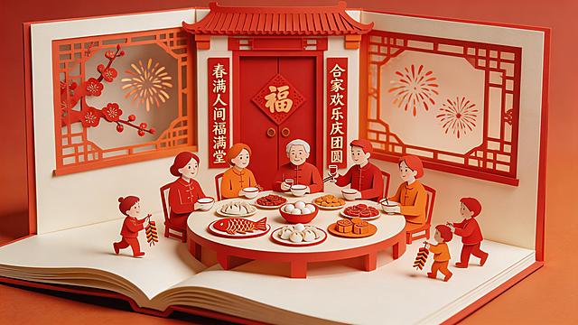 新中式剪纸艺术风格，3D立体书展开效果，核心场景为阖家团圆的年夜饭。整体色调明亮欢快，以朱红、暖橙、米白为主。立体书内雕刻出中式四合院的堂屋，一张大圆桌摆满了剪纸风格的丰盛菜肴，如鱼、饺子、汤圆和各色点心。一家人围坐桌旁，剪纸小人姿态各异，有的举杯共饮，有的为长辈夹菜，还有孩童在旁嬉戏。背景是贴着福字和春联的门窗，窗外是剪纸梅花和绽放的烟花。整体光影柔和，剪纸边缘锐利，充满温馨热闹的年味儿，8K高清。