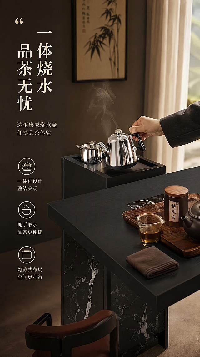 [第5张] 功能体验页—边柜带烧水壶一体化使用场景。本张使用【图1】边柜部分作为功能展示主体。
[氛围/风格] 生活化场景体验风，温馨雅致的品茶氛围，真实使用场景，商业摄影质感。
[元素布局] 画面主体为茶台边柜区域特写，占比约55%，清晰展示边柜上的烧水壶套装；一只手正在操作烧水壶或倒水，体现使用功能；台面上摆放茶具、茶叶罐、茶巾等品茶用品；背景为简约茶室墙面，挂有装饰画；边柜结构、烧水壶位置与输入图一致。
[光影质感] 暖色调自然光，从右侧窗户射入，水壶金属表面呈现高光反射，蒸汽袅袅升起（示意），整体氛围温暖舒适。
[配色色系] 全局底色 #2A2520 深棕黑暖调；主色黑色边柜+金属水壶；辅助色暖黄灯光、茶色茶具、米白软装。
[视角构图] 45°斜侧视角，边柜操作区位于画面中心偏右，人物手部入镜，文字居左侧。
[文字版式] 左侧竖排文字区，主标题「一体烧水 品茶无忧」，副标题「边柜集成烧水壶 便捷品茶体验」；正文三条功能卖点「一体化设计 整洁美观」「随手取水 品茶更便捷」「隐藏式布局 空间更利落」；配水壶、茶杯、收纳三个线性图标；文字不遮挡操作区域。
[比例分辨率] 9:16 竖版比例，4K 分辨率，文字清晰可辨，高清画质。
[负向提示词] 产品变形，水壶位置错误，颜色偏差，水印，文字错乱，文字过小，手部变形，背景杂乱。