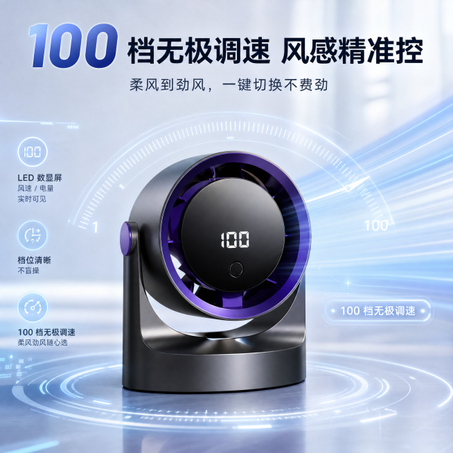 桌面循环小风扇，LED数显屏特写，屏幕清晰显示数字"100"，搭配档位调节动态示意，主标题"100 档无极调速 风感精准控"，副标题"柔风到劲风，一键切换不费劲"，卖点小字"LED 数显屏 风速 /预览效果