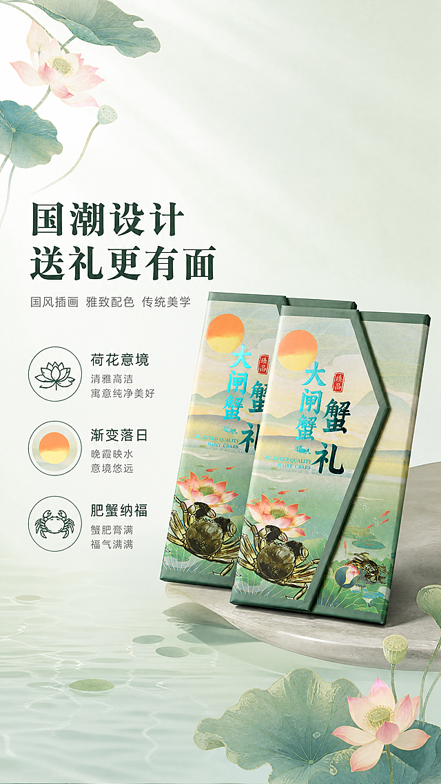 [第5屏] 国风设计解读，展示国潮图案与配色美学。本屏使用【图1】和【图5】展示国潮图案元素。
[氛围/风格] 东方雅致国潮风，清新自然配色，突出传统美学意境。
[元素布局] 画面主体展示青绿国潮款三折页蟹卡卡套，保持图5的荷花落日螃蟹图案、配色和文字设计与输入产品图一致，产品占画面60%居中摆放，背景搭配淡青色渐变，左上角和右下角点缀水墨荷叶装饰元素，营造中式意境。左侧留出文案区域，不遮挡产品主体。
[光影质感] 柔和自然光从左上方打来，产品呈现细腻质感，图案色彩还原准确，明暗层次自然，突出国潮插画细节。
[配色色系] 全局底色：#f0f5ee（淡青绿）；主体卡套保持原图5的绿、粉、黄配色；文字：深墨绿主标题，深灰色说明文字。
[视角构图] 左文右图构图，产品在右侧居中，文案在左侧，整体中式留白构图，舒展透气。
[文字版式] 左侧主标题「国潮设计 送礼更有面」深墨绿加粗；副标题「国风插画 雅致配色 传统美学」浅灰色小字；下方三个卖点：「荷花意境」「渐变落日」「肥蟹纳福」，每个卖点配小圆图标，文字左对齐，排版舒展不拥挤。
[比例分辨率] 9:16 竖版，4K超高清分辨率，文字清晰可辨。
[负向提示词] 图案变形，颜色偏差，文字错乱，国风元素堆砌，背景杂乱，产品比例失调