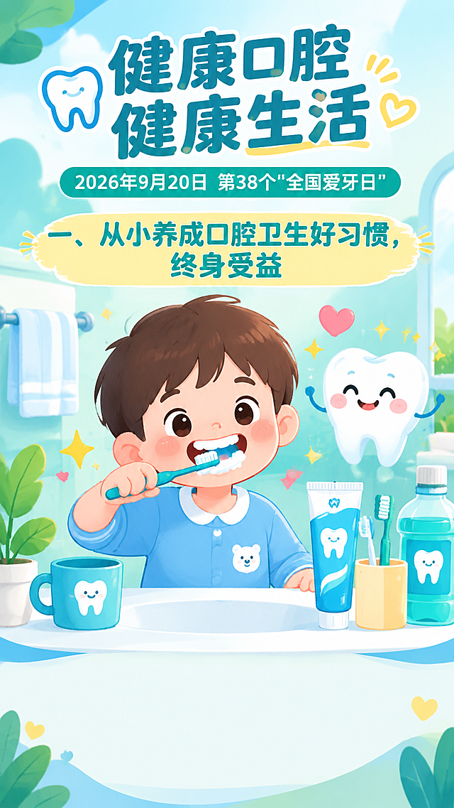 扁平插画风格，全国爱牙日科普海报，竖版9:16。画面以插画为主，文字精简醒目。顶部保留主标题"健康口腔 健康生活"和副标题"2026年9月20日 第38个\"全国爱牙日\""。中部为大幅插画区域：一个可爱的儿童正在认真刷牙，旁边有牙刷、牙膏、漱口杯等口腔护理用品，牙齿洁白健康的卡通形象，背景有星星和爱心装饰，插画占据画面主要空间。分标题"一、从小养成口腔卫生好习惯，终身受益"字号适当放大，醒目清晰，放在插画上方居中位置。画面最下方仅预留约1/8高度的空白区域，作为二维码与医院文字介绍的占位区域，留白适度不要过多。整体色调清新明亮，以蓝绿色为主，搭配白色和浅黄，温馨可爱的科普风格。版式精美，以图为主文字为辅，四周留有安全边距。画面中所有数字必须精确渲染。画面中所有信息区域必须填充完整合理的内容。