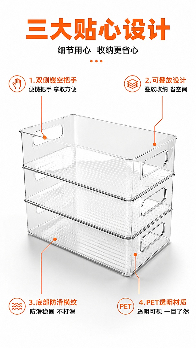 [第3屏] 结构解析屏 - 收纳盒核心结构细节标注。本屏使用【图2】作为商品主体（叠放收纳盒）。
[氛围/风格] 清晰专业结构说明风，白底简洁，拼多多大字报风格，商业摄影质感。
[元素布局] 三个叠放的透明收纳盒置于画面中央，占比约55%；四周用细线引出4处关键结构标注；背景为纯白色渐变，底部浅灰色台面；收纳盒保持PET透明材质、双侧镂空把手、底部横纹、可叠放结构与输入图一致。
[光影质感] 顶部均匀柔光，四周补光，盒体通透有质感，边缘高光清晰，底部柔和投影。
[配色色系] 全局底色 #FFFFFF（纯白）；主色 #FF6B35（橙红）；辅助色 #333333 深灰、#666666 浅灰。
[视角构图] 正面45°斜侧视角，产品居中，引线从上下左右四个方向引出，阅读动线清晰。
[文字版式] 顶部大标题「三大贴心设计」橙红色粗黑体；四处引线标注：1. 双侧镂空把手「便携把手 拿取方便」；2. 可叠放设计「叠放收纳 省空间」；3. 底部防滑横纹「防滑稳固 不打滑」；4. PET透明材质「透明可视 一目了然」；每个标注配小图标+橙红色标题+黑色说明文字；文字大小适中，不遮挡主体。
[比例分辨率] 9:16 竖版比例，4K分辨率，文字清晰可辨，高清画质。
[负向提示词] 收纳盒变形，缺件错件，结构错误，颜色偏差，水印，文字错乱，文字过小，产品图模糊。