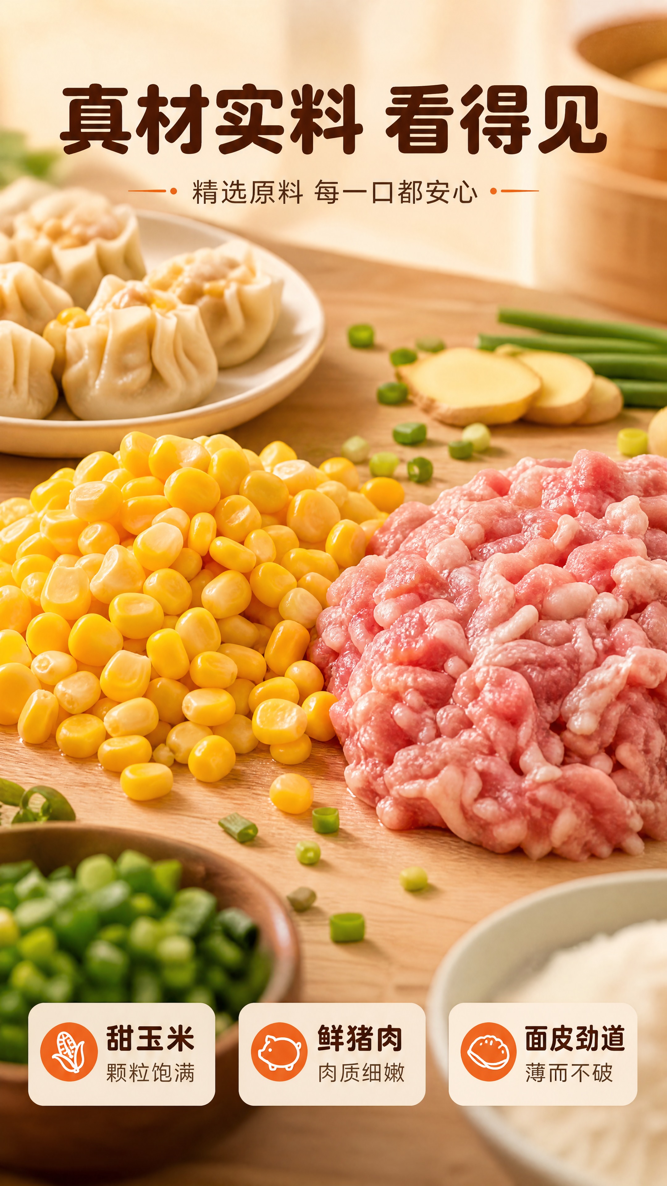 [商品] 玉米猪肉蒸饺原料展示页；本页为成分专张，以原料实拍为… - 图片创意预览