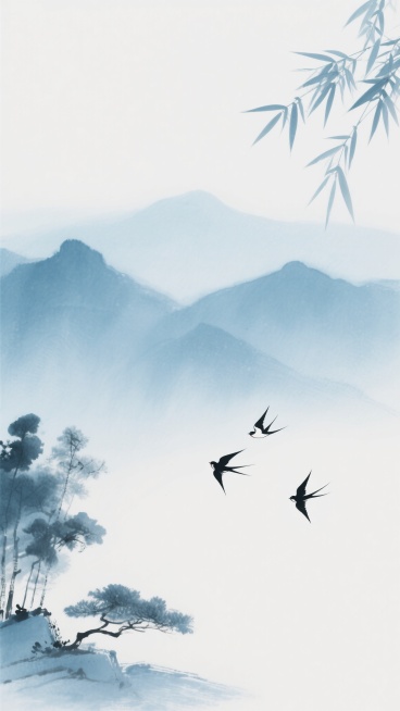 中国水墨画风格背景，淡雅清新的青蓝色调，远景是朦胧的山峦轮廓，近处左侧有几抹水墨渲染的树木，右上角是几片飘逸的竹叶，三只飞鸟呈三角形点缀于画面中下部分，整体构图留白充足，意境悠远宁静，具有传统中式美学韵味。预览效果