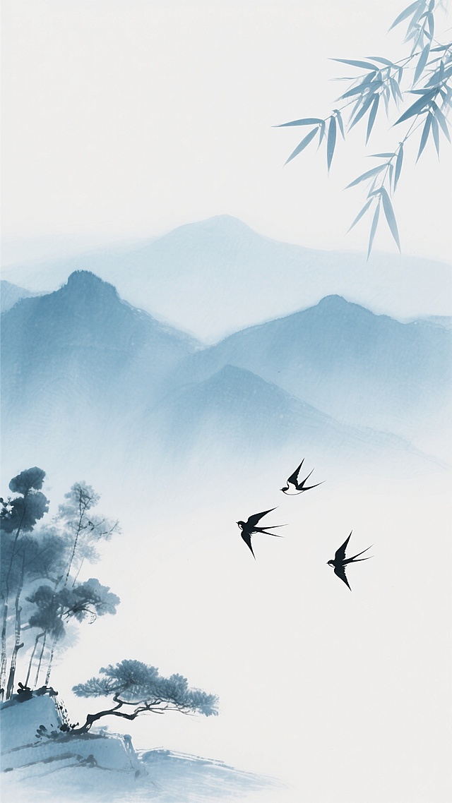 中国水墨画风格背景，淡雅清新的青蓝色调，远景是朦胧的山峦轮廓，近处左侧有几抹水墨渲染的树木，右上角是几片飘逸的竹叶，三只飞鸟呈三角形点缀于画面中下部分，整体构图留白充足，意境悠远宁静，具有传统中式美学韵味。