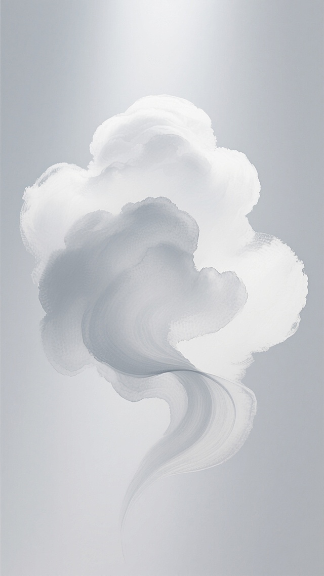 一张以白色为主色调的抽象艺术风格海报，画面中心为流畅变化的不规则云朵状主体形态，整体呈现柔和的水墨晕染质感与模糊朦胧的视觉效果，光线从上方轻柔洒落，在主体边缘形成微妙的浅灰色渐变光影，营造出宁静空灵的氛围，背景为纯净的浅灰色调，没有任何文字、LOGO及冗余元素，仅通过光影层次与留白凸显主体的形态美感与简洁意境。