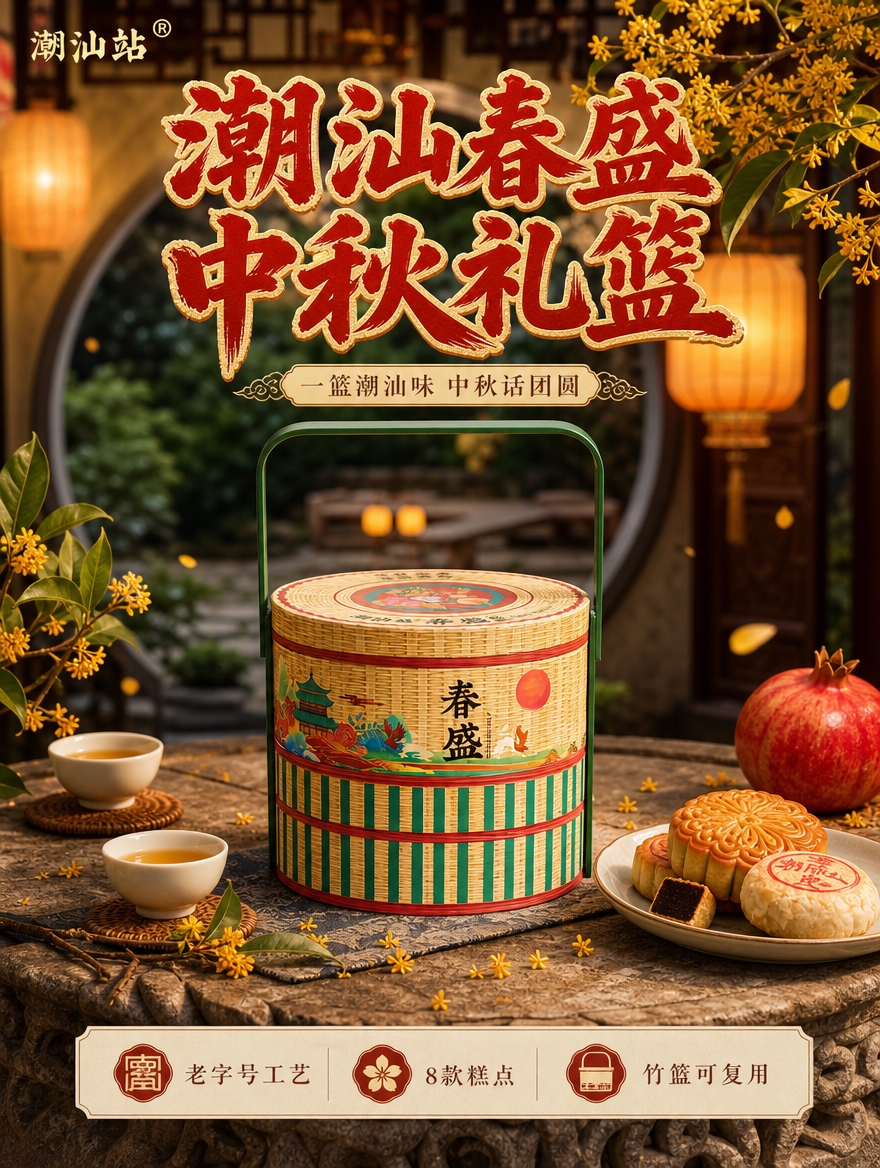 [详情-1] 食欲氛围头图，主打潮汕中秋礼篮的整体视觉冲击。… - 图片创意预览