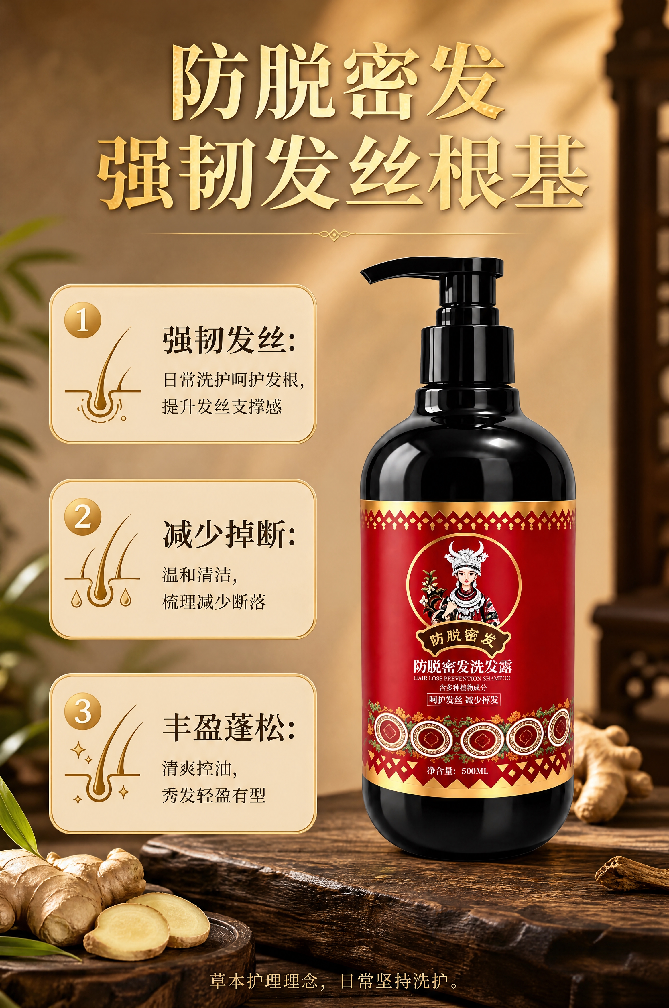 [商品] 使用【图1】防脱密发洗发露，黑色按压泵圆瓶，红色民族… - 图片创意预览