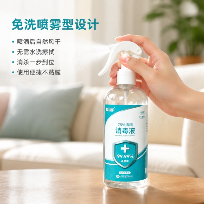 [主图-4] 免洗喷雾设计卖点展示图
[氛围风格] 实用便捷生活风格，自然真实
[画质] 商业摄影质感，动作自然清晰，产品细节真实，画面干净通透
[元素] 一只干净纤细的手正按压怡洁心酒精消毒液喷头，预览效果