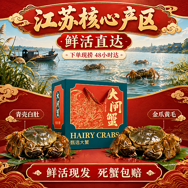 [主图-2] 产地溯源与鲜活保障图，核心任务是建立信任，展示大闸蟹来自江苏产地，下单现捞鲜活现发的核心卖点。
[统一基调] 高端国潮喜庆大气风格，背景主色为中国红搭配暗金色祥云纹样，标题字色为烫金色，辅助字色为米白色，强调色为朱红，字体为粗笔书法体搭配宋体辅助字，整体有金边祥云、传统纹样等国潮元素装饰，质感厚重有档次。
[画面] 画面采用上下分层构图，上半部分背景为江苏水乡湖泊场景，有渔船、湖水、芦苇，体现产地氛围，水面上有几只鲜活的大闸蟹正在爬行，展现鲜活状态；下半部分前景中央放置大闸蟹礼盒，礼盒左右两侧各有一只鲜活的生猛大闸蟹，青壳白肚，蟹脚有力。礼盒占画面约40%，产地场景占画面约50%。视角为平视偏俯视，产品完整。背景融入国潮水纹、祥云金色线条装饰。
[光影质感] 自然水乡光线结合商业打光，上半部分是柔和的湖面自然光，下半部分产品区有暖光补光，蟹壳青亮有光泽，礼盒烫金有金属质感，底部有自然接触阴影，鲜活感与品质感兼具。
[配色] 主色中国红与湖水蓝绿搭配，辅助色暗金、墨绿、青壳色，背景上半部分为水乡湖景自然色，下半部分为深红渐变，整体既有产地真实感又有国潮喜庆感。
[文字版式] 上方主标题为烫金粗书法体"江苏核心产区"，横跨画面上方；中间有大号金色数字"鲜活直达"配小字"下单现捞 48小时达"；下方礼盒两侧有引线标注"青壳白肚""金爪黄毛"等特征说明，文字为米白色宋体。底部有红色横幅样式"鲜活现发 死蟹包赔"服务承诺。文字不遮挡产品主要展示面。
[输出要求] 1:1正方形，2048*2048px，文字清晰可读，产品清晰完整，无变形，无错字，无模糊，无杂乱元素，无水印，无平台Logo。禁止出现绝对化用语，禁止人物出现。