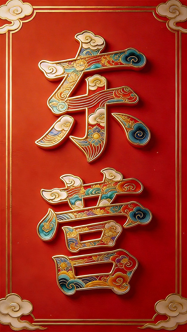 文字“东营”，抽象画风，花纹线条组合而成的，层次分明，祥云纹，敦煌纹，色彩斑斓美轮美奂，线条柔美灵动，传统美学，立体感，纯朱砂红色背景，背景干净，高清渲染。