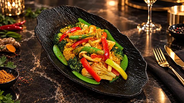 保留参考图中咖喱时蔬的菜式和摆盘完全不变，将背景更换为国际品牌五星级酒店风格的高端美食摄影背景。深色大理石纹理台面，柔和的侧逆光，精致的金色餐具点缀，周围散落少许高档食材装饰，营造奢华高级的美食氛围。专业商业美食摄影，景深虚化，光影精致，画面干净高级