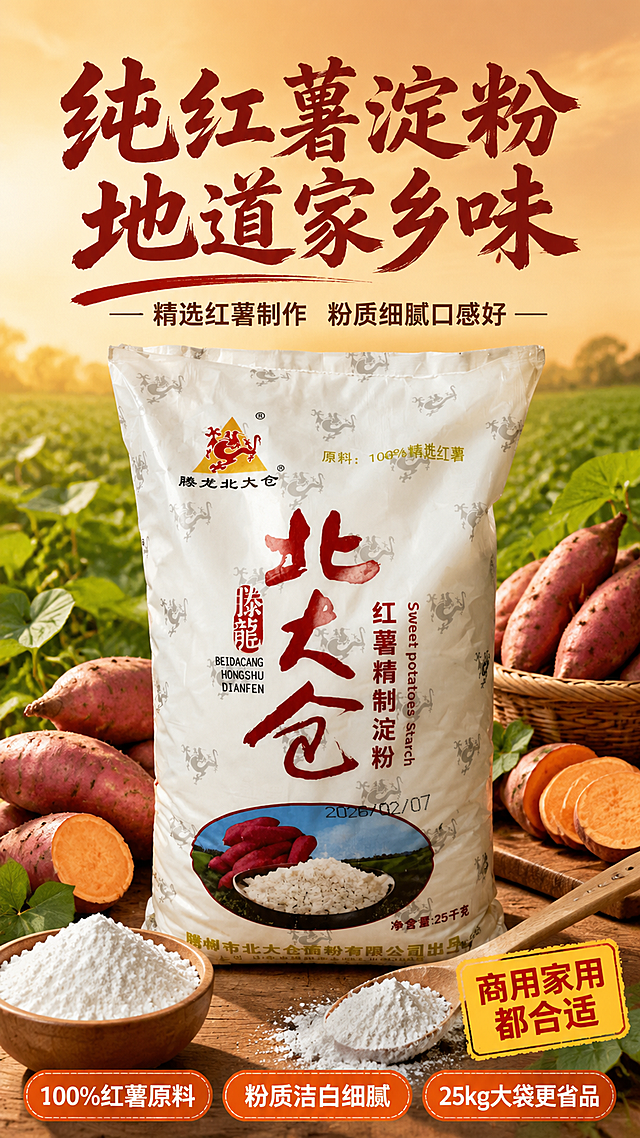[第1张] 详情页头图-腾龙北大仓红薯淀粉原料包围型头图。本张使用【图1】作为商品主体，将包装上"北大仓"三个字调整为枣红色（深酒红 #8B0000 色系），保持包装其他元素不变。
[氛围/风格] 田园产地风+拼多多实惠大字报，暖橙红配色，商业摄影质感，突出红薯原料纯正。
[元素布局] 淀粉大包装袋立于画面中央，占比约55%；袋子周围环绕新鲜红薯（带泥土）、红薯切片、木碗装淀粉、竹勺舀粉、红薯藤叶等原料元素，形成原料包围效果；背景为虚化的红薯田+暖橙色渐变天空；底部有木质台面承托；产品包装结构、比例、材质与输入图一致，仅"北大仓"三字改为枣红色。
[光影质感] 左上方暖金色晨光为主光源，袋子右侧柔和阴影，原料表面有自然光泽，整体通透有田园感。
[配色色系] 全局底色 #FFE4B5 暖橙渐变；主色枣红+暖橙；辅助色米白淀粉、红薯红皮、绿叶点缀。
[视角构图] 正面微仰视，产品居中，原料环绕形成视觉焦点，阅读动线顶部标题 → 中部产品 → 底部卖点。
[文字版式] 顶部大标题「纯红薯淀粉 地道家乡味」粗笔刷书法字枣红色超大号；副标题「精选红薯制作 粉质细腻口感好」深棕色中号；底部三个橙色圆角胶囊卖点横排：「100%红薯原料」「粉质洁白细腻」「25kg大袋更省」；右下角黄色印章标签「商用家用都合适」红字；字体全部横排，清晰醒目。
[比例分辨率] 9:16 竖版比例，4K分辨率，文字清晰可辨，高清画质。
[负向提示词] 包装变形，文字错乱，北大仓颜色不对不是枣红色，缺件错件，颜色偏差，水印，产品图模糊，背景杂乱，文字过小。