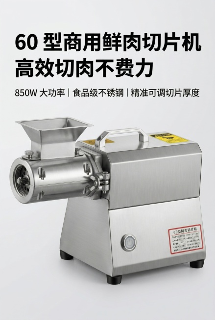 首屏KV主视觉竖版电商详情图，比例2:3，高级商用厨电写实风格，整体画面干净通透，影棚级8K超清画质，专业柔光布光突出不锈钢机身的金属拉丝质感与高级哑光光泽。画面视觉中心居中放置60型鲜肉切片机，严格预览效果