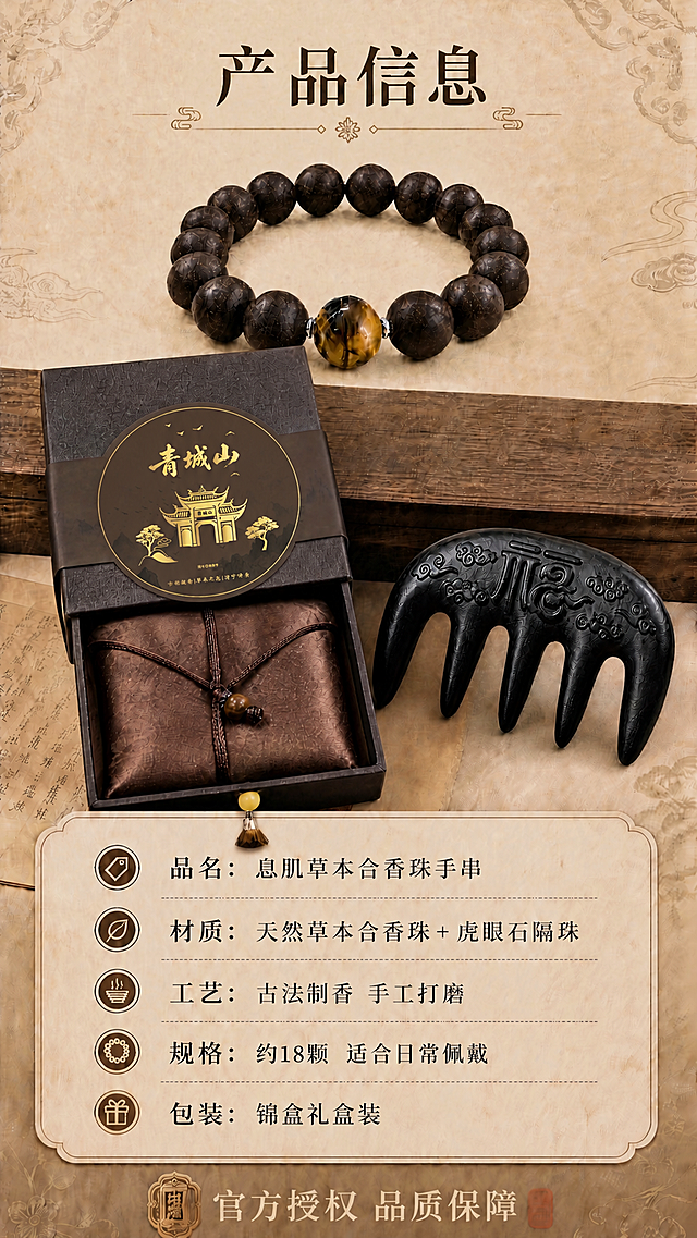 将礼盒腰封上的圆形logo图案替换为【图2】的青城山样式：深棕色圆形底，金色"青城山"书法大字、金色牌坊建筑、两侧松树、飞鸟和山峦图案，底部小字"古韵凝香|草本之息|清宁伴身"；保持腰封圆形logo的位置、大小、透视角度和金色质感不变，与礼盒表面自然贴合。其余画面元素（手串、按摩梳、产品信息卡、所有文字、背景）全部保持不变。