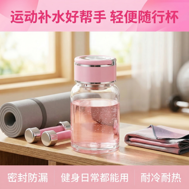 玻璃杯电商主图，首要目标是在搜索结果页中一眼抓住注意力。顶部核心信息区主标题写“运动补水好帮手 轻便随行杯”，字体活力明快，粉色系配色。中部商品展示区居中放置这款粉色盖透明玻璃杯，杯内装着粉色运动饮品预览效果
