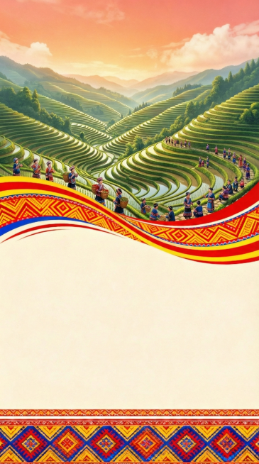 保留广西龙胜梯田背景，移除画面中的吊脚楼，保持广西三月三歌圩节主题，保留中间至下半部分大面积空白不添加任何文字，维持民族风格预览效果