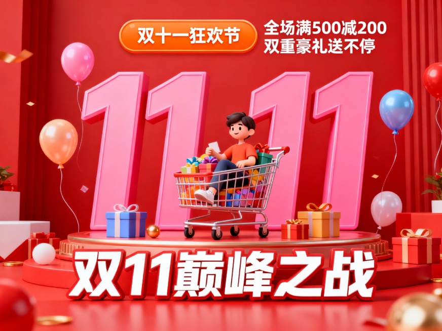 以红色为主色调的双11促销海报，顶部有橙色提示框，内部文字“双十一狂欢节”，右上角标注“全场满500减200 双重豪礼送不停”，画面核心是巨型粉色艺术字“11.11”，中间嵌入一个坐在装满礼物购物车中预览效果