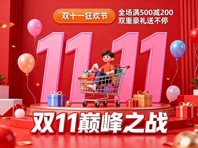 以红色为主色调的双11促销海报，顶部有橙色提示框，内部文字“双十一狂欢节”，右上角标注“全场满500减200 双重豪礼送不停”，画面核心是巨型粉色艺术字“11.11”，中间嵌入一个坐在装满礼物购物车中的卡通人物，周围环绕气球、礼盒等元素，下方是白色艺术字“双11巅峰之战”，整体风格热烈喜庆，突出促销狂欢氛围与福利亮点