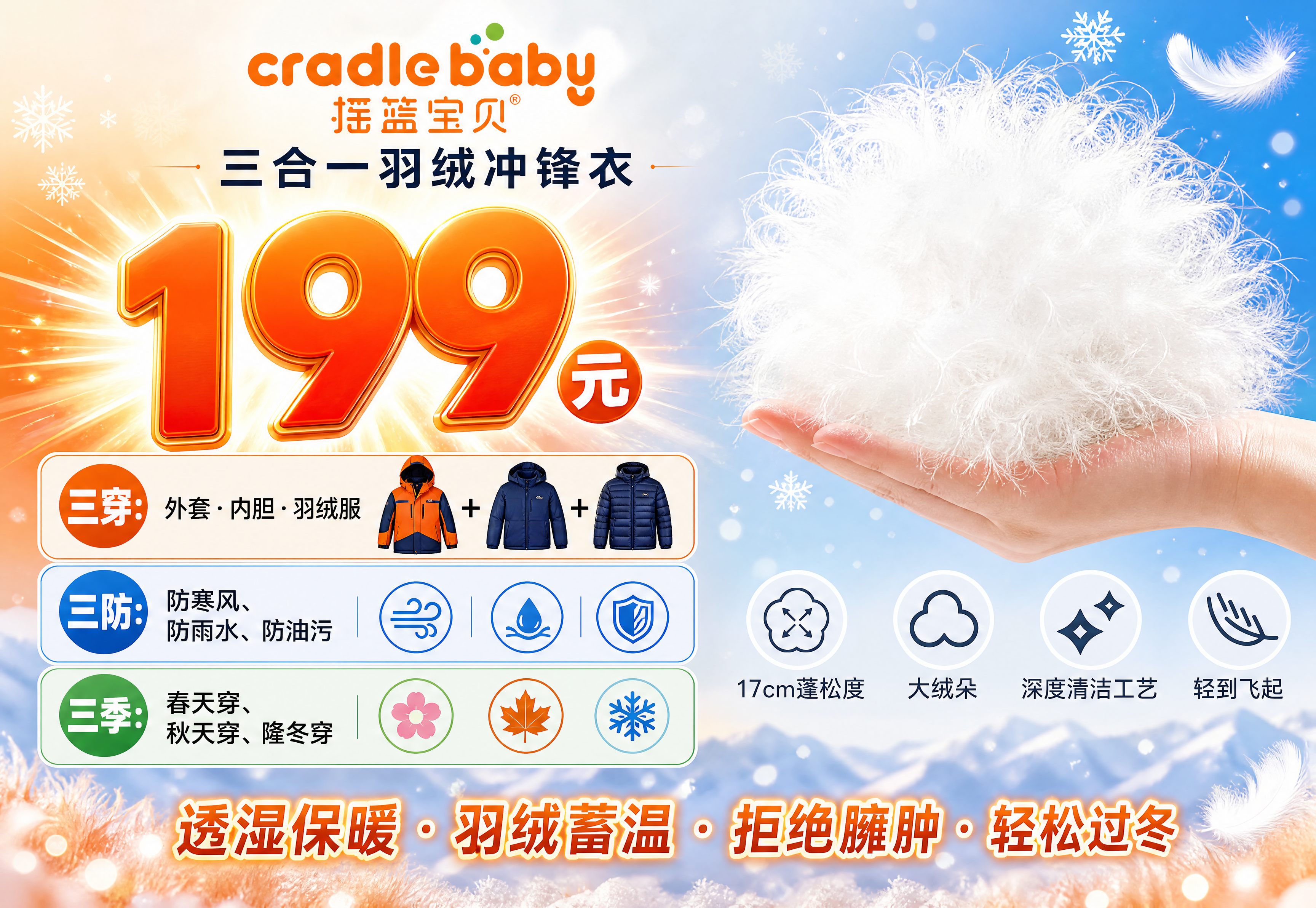 摇篮宝贝三合一羽绒冲锋衣促销海报，横版构图，宽高比例5800:… - 图片创意预览