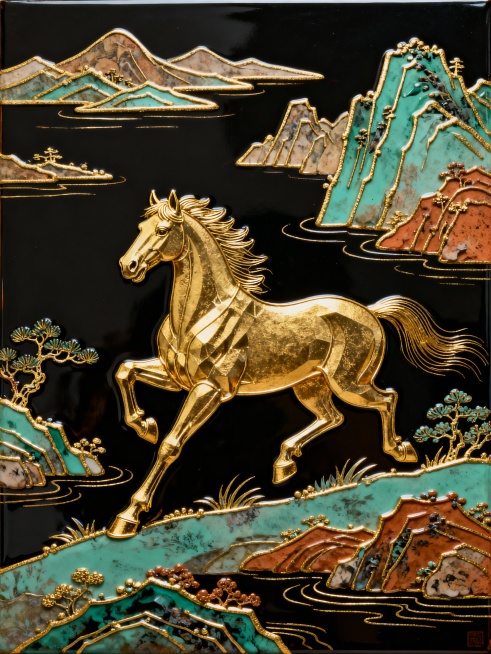 中式山水，一匹马奔腾在山水间预览效果