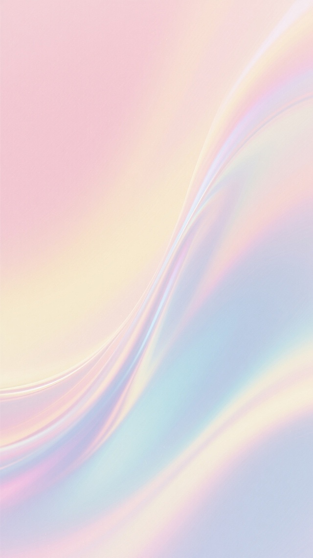 一张具有柔和流体渐变效果的背景图，整体呈现出淡粉色、浅黄色与淡蓝色交织的马卡龙色系，色彩过渡自然平滑，带有淡淡的镭射光泽白背景，光泽感细腻柔和，如同流动的极光般轻盈梦幻，画面整体通透干净，无任何文字或图案元素干扰，仅以色彩的微妙变化和光影的柔和晕染营造出宁静而富有诗意的氛围。
