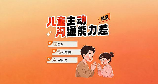 保持布局配色不变，保留右上角暖星，标题为"儿童主动沟通能力差"，将标题中的"通"字标橙色，更换右侧人物为爸爸带小女孩互动，和之前图片视觉差异大，保持风格一致。