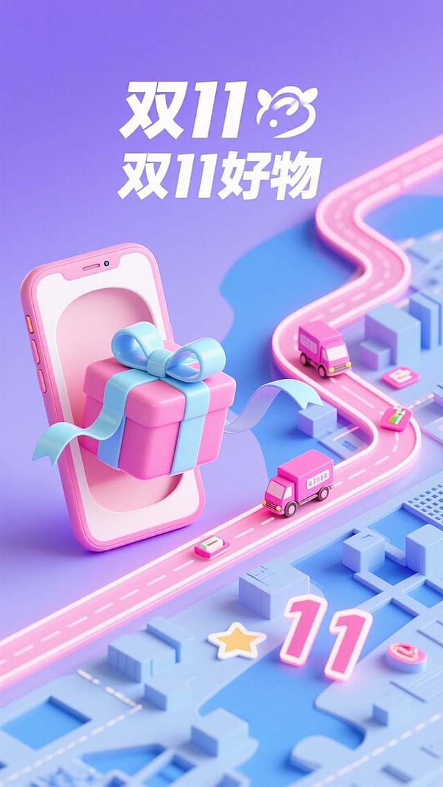 梦幻粉蓝配色，软3D微缩城市场景，手机弹出礼盒，配送车沿蜿蜒道路驶向“11”，甜蜜可爱中传递双11购物狂欢。