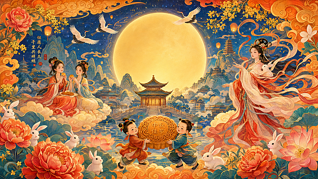 基于原图重绘：去掉月亮上的漩涡纹理，使满月呈现光滑、均匀的金色光面效果；其余元素（嫦娥、两位古装女子、两个孩童、玉兔、仙鹤、亭台楼阁、云彩、花卉等）保持不变，维持原构图与国潮插画风格