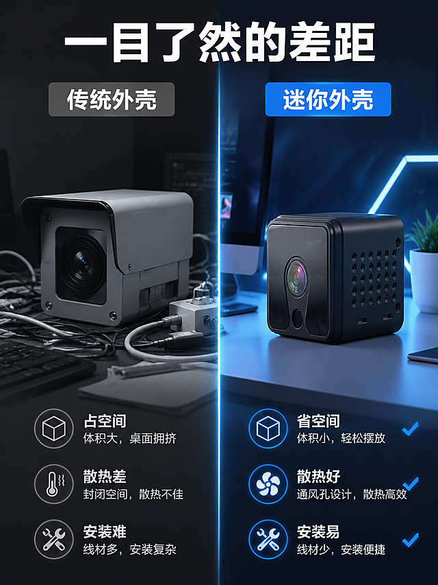[第6张] 详情页使用前后对比-普通外壳 vs 迷你外壳效果对比。本张使用【图2】作为产品展示。
[氛围/风格] 对比强烈，直观清晰，深色科技风，商业设计质感。
[元素布局] 深灰蓝色背景，画面采用左右PK分栏布局，中间用一条发光的蓝色竖线分割。左侧（普通方案）：灰色调的大摄像头外壳放在拥挤的桌面上，旁边有杂乱的线材，标注「传统大外壳」，整体画面偏灰暗。右侧（本产品）：明亮清晰的迷你摄像头外壳放在整洁的桌面一角，周围空间宽敞，标注「迷你款外壳」，画面明亮有科技感。左右两侧形成鲜明的视觉对比。保持右侧迷你摄像头外壳外观与输入产品图一致。
[光影质感] 左侧冷灰偏暗光线，营造压抑感；右侧明亮冷蓝色光线，营造清爽科技感。中间分割线有蓝色发光效果，强化对比边界。
[配色色系] 全局底色左右分区，左 #2C2C2C（暗灰），右 #1A1A2E（深蓝黑）；主色对比：左灰暗暗沉 vs 右明亮科技；辅助色科技蓝（右侧高亮）；点缀色白色文字。
[视角构图] 左右分栏对比布局，中间蓝色分割线，视觉重心在右侧产品，阅读动线从左到右对比阅读。
[文字版式] 顶部居中总标题「一目了然的差距」，白色大号粗体字体。左右两侧各有顶部标签：左侧灰底白字「传统外壳」，右侧蓝底白字「迷你外壳」。下方各列3个对比项，用图标+短句形式：左侧痛点（占空间/散热差/安装难）用灰色，右侧优势（省空间/散热好/安装易）用白色+蓝色对勾。对比清晰直观。
[比例分辨率] 3:4 竖版比例，4K 分辨率，文字清晰可辨，高清画质。
[负向提示词] 变形，水印，文字错乱，文字过小，缺件错件，结构错误，颜色偏差，产品图模糊，背景杂乱。