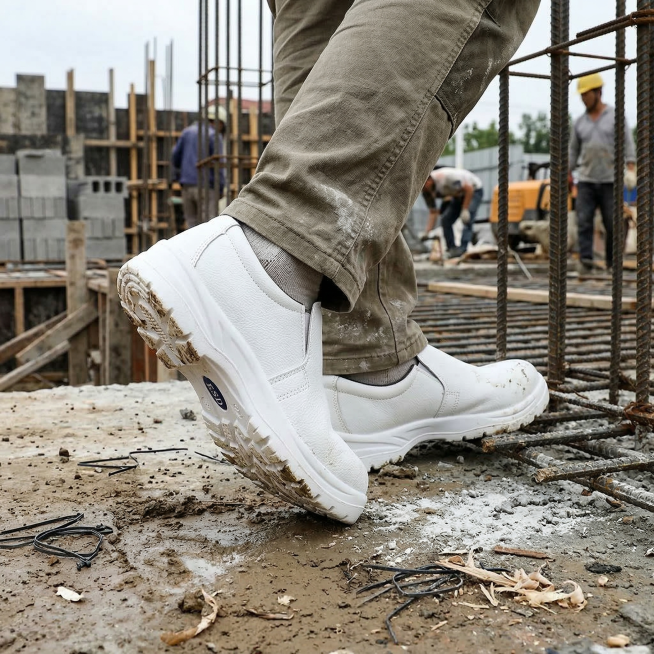 建筑工地施工现场，建筑业工作人员穿着图中的白色ESD安全鞋进行施工工作，保持鞋子的外观、鞋底纹路、蓝色ESD标识细节完全不变，画面写实，户外工地光线预览效果